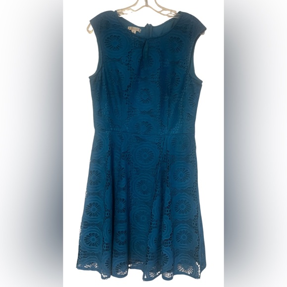 London Style Collection Turquoise circle Lace Overlay Sleeveless Dress sz14 - Picture 2 of 16
